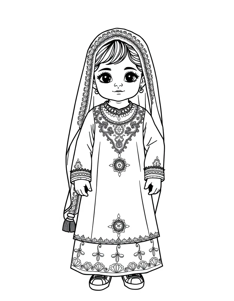 A Pakistani child in a heavily embroidered bridal shalwar kameez.