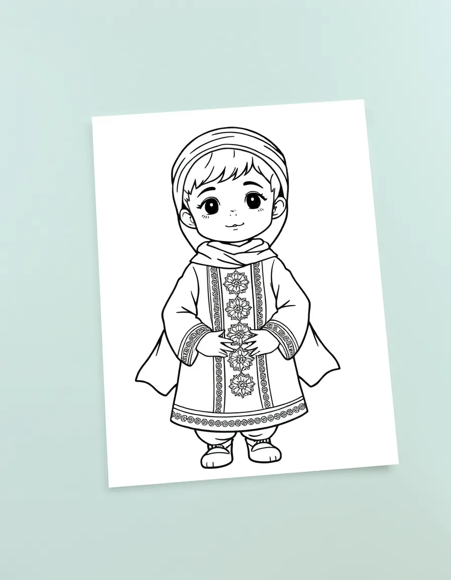An Iranian child in a traditional Persian costume with flowing sleeves.