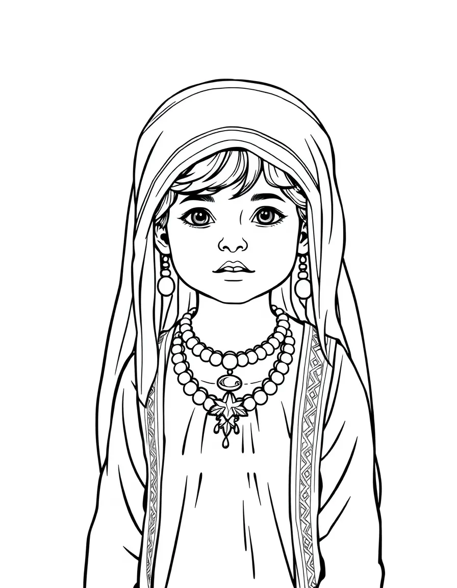 An Israeli child in a traditional Yemenite dress with silver jewelry.