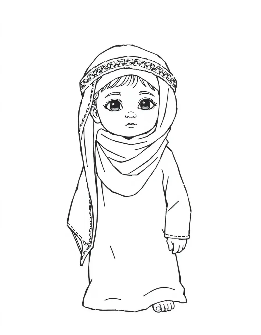 A Palestinian child in a thobe with very detailed cross-stitch embroidery.