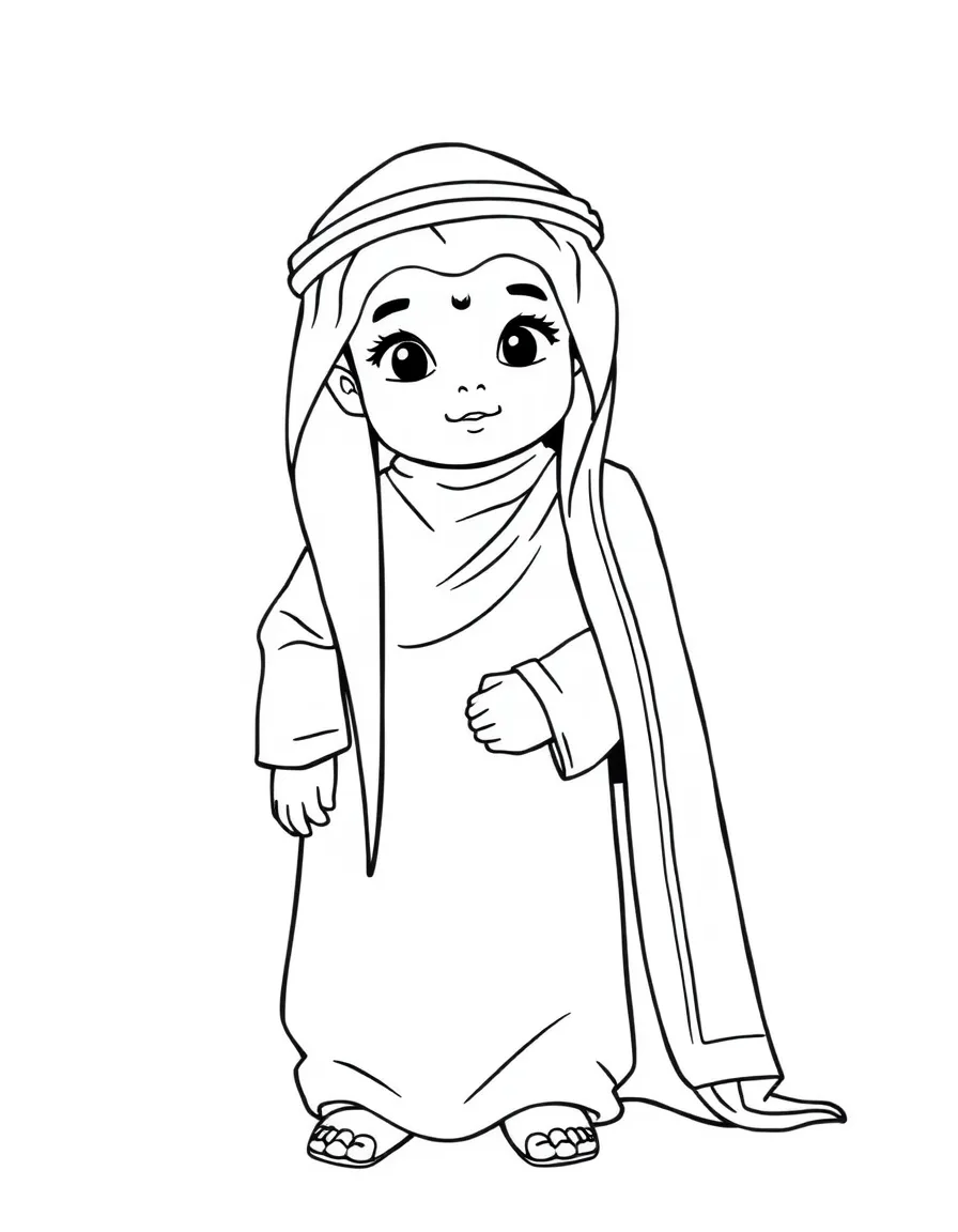 A Saudi Arabian child in a traditional thobe with a black bisht (cloak).