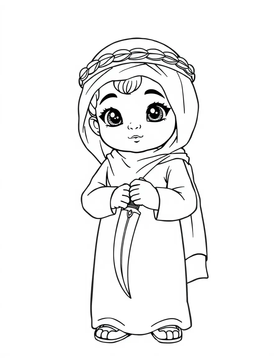 An Omani child in a formal dishdasha with a decorative khanjar (dagger).