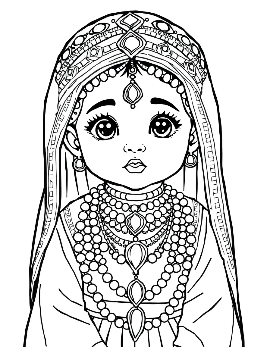A Yemeni child in a traditional bridal dress with multiple layers of jewelry.