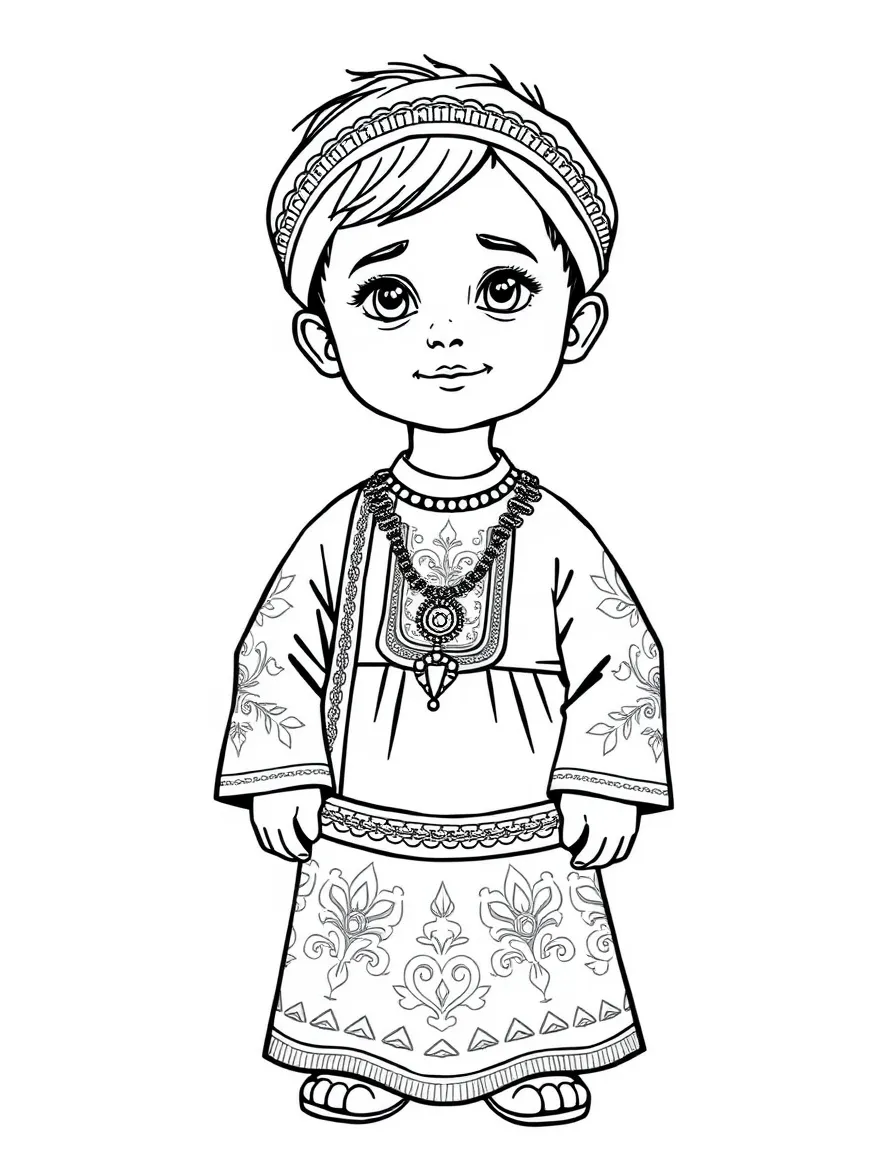 An Iraqi child in a traditional Assyrian costume with intricate patterns.