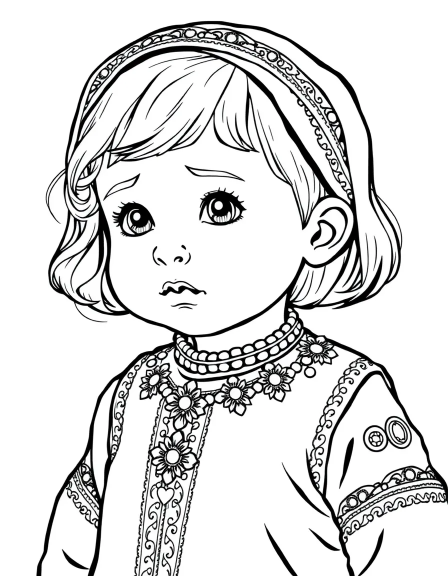 A Syrian child in a traditional Circassian dress with silver decorations.