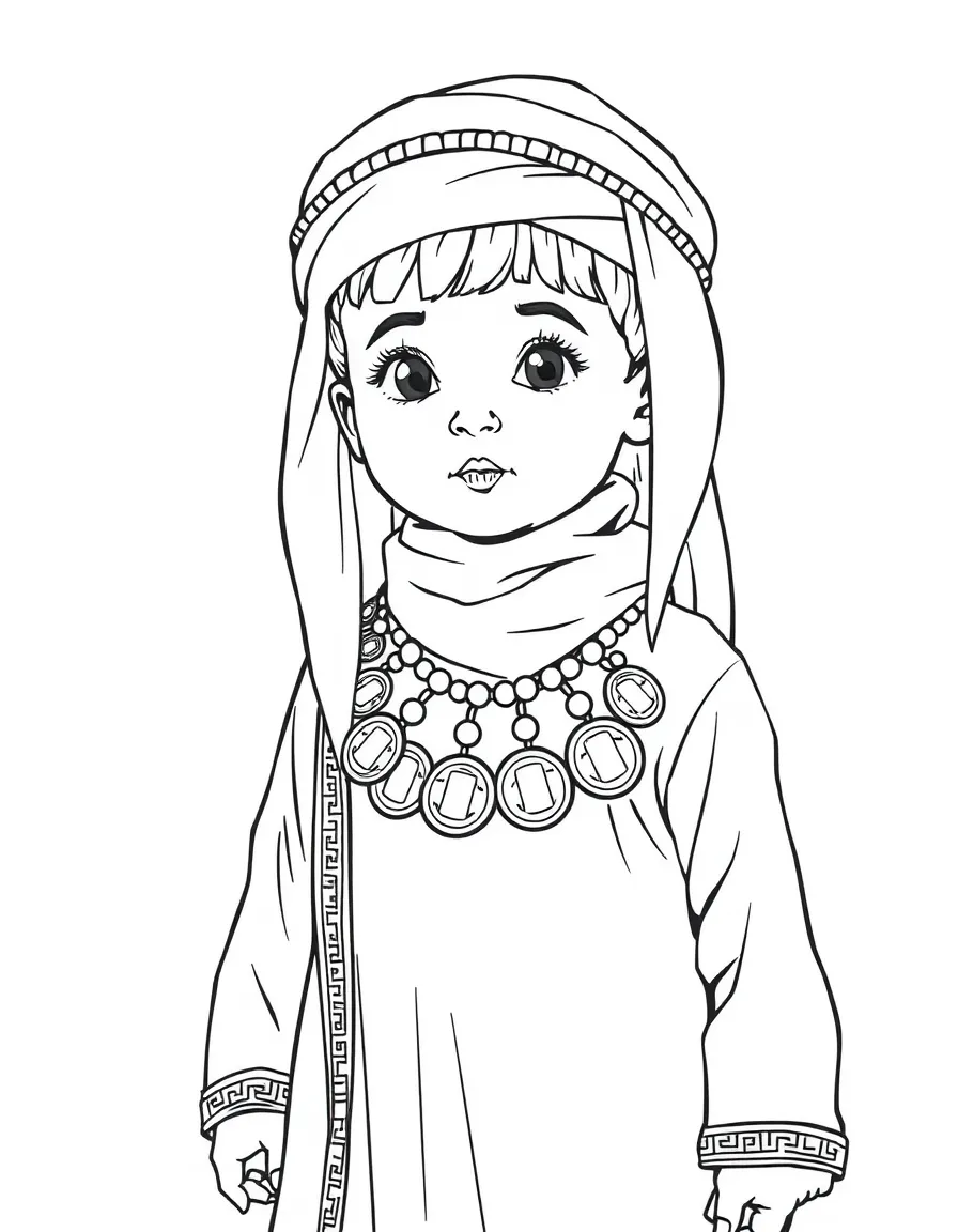 A Jordanian child in a Bedouin wedding dress with coin decorations.