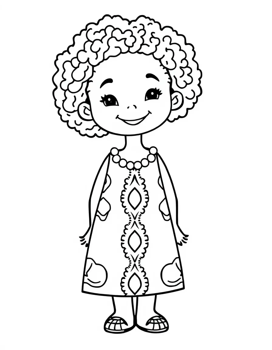 A smiling African girl in a simple Ankara dress with big, bold shapes.