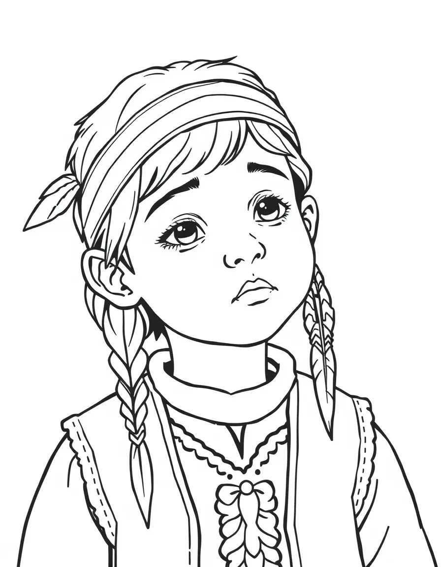 A thoughtful Native American boy with a simple feather tied in his hair, wearing a vest.