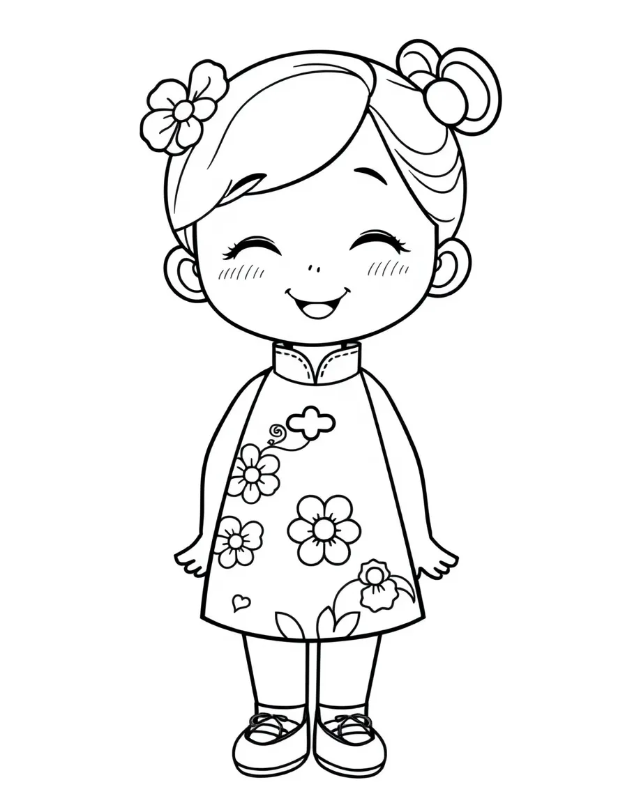 A cheerful Chinese girl in a simple cheongsam with a flower pattern.