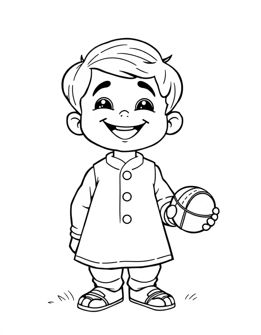 A happy Indian boy in a simple kurta, holding a small cricket ball.