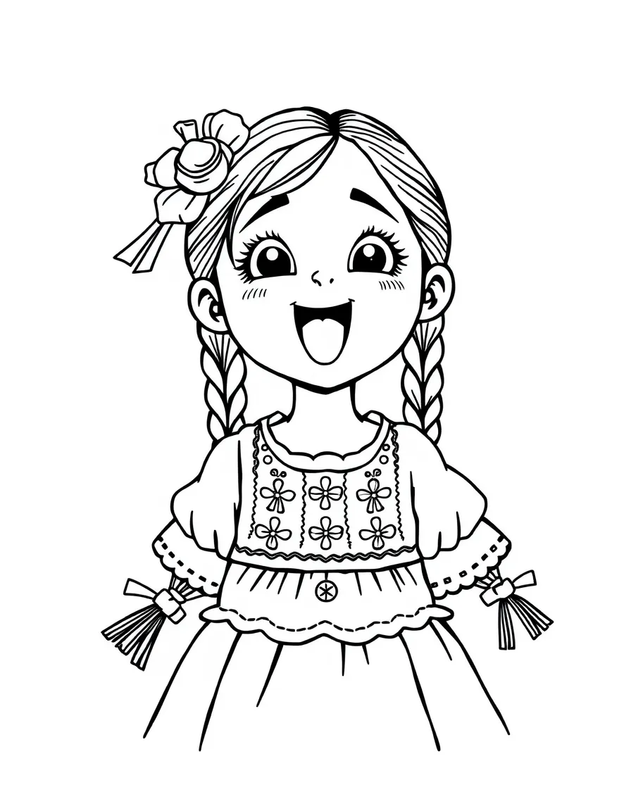 An excited Mexican girl with braids and ribbons, wearing a simple embroidered dress.