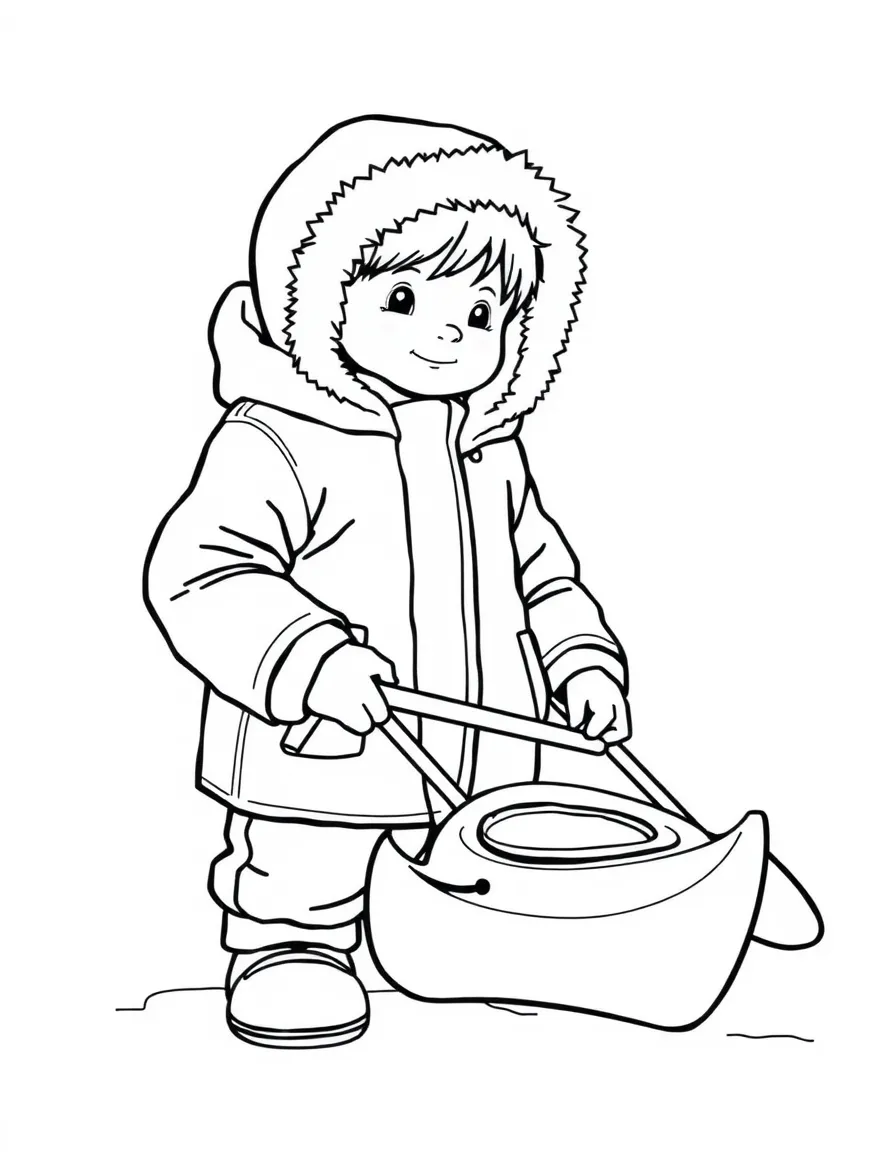 An Inuit boy in a warm, plain parka, playing with a toy kayak.