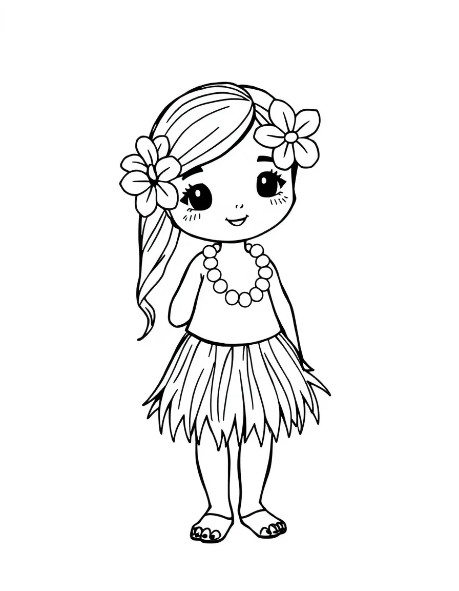 A Hawaiian girl with a simple flower behind her ear, wearing a plain grass skirt.