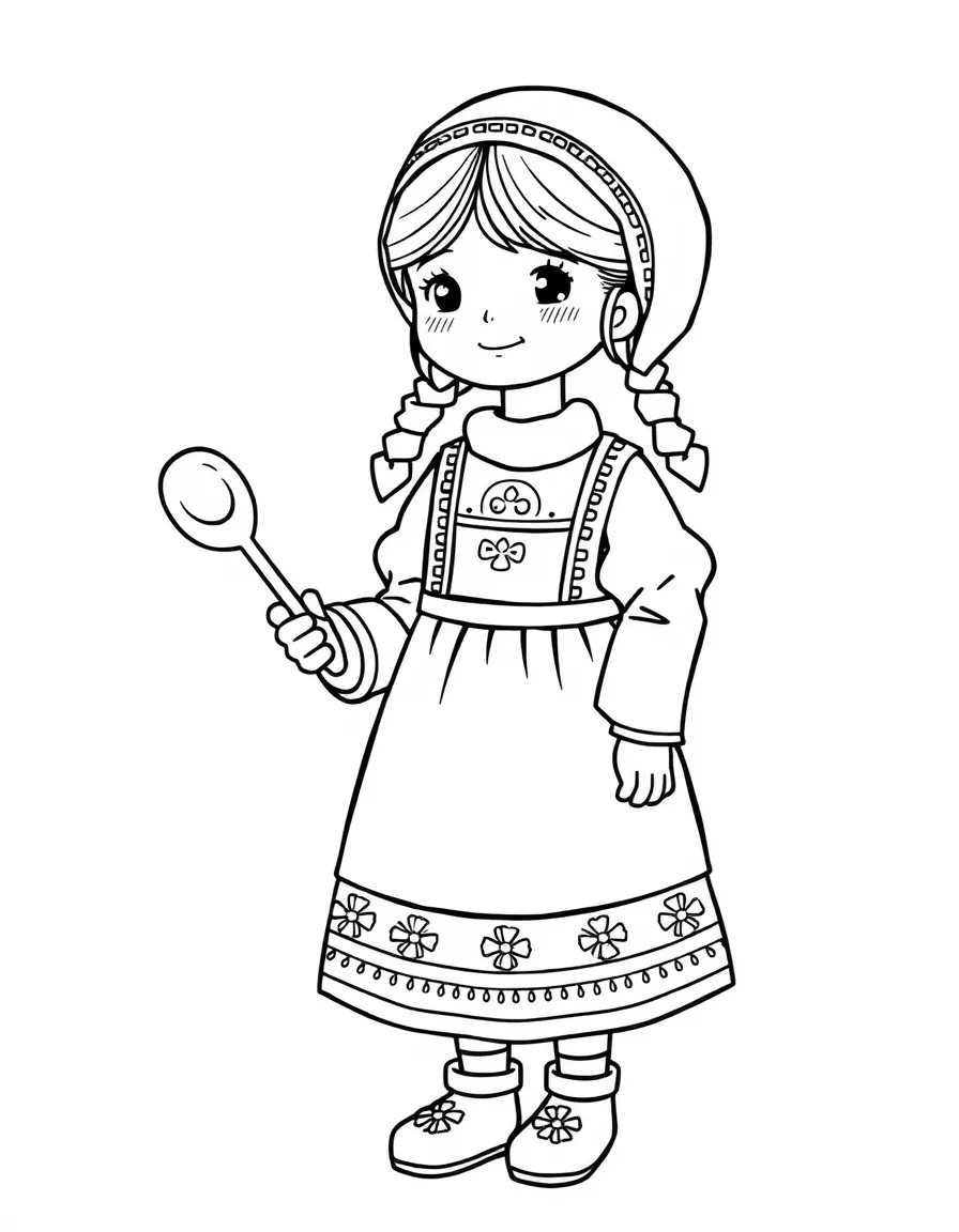 A Russian girl in a simple, brightly colored sarafan, holding a small wooden spoon.