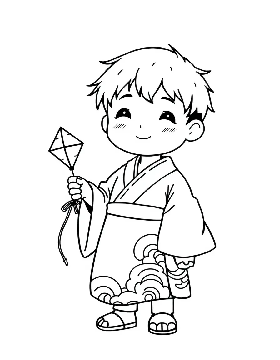 A Japanese boy in a simple kimono with a wave pattern, holding a small kite.