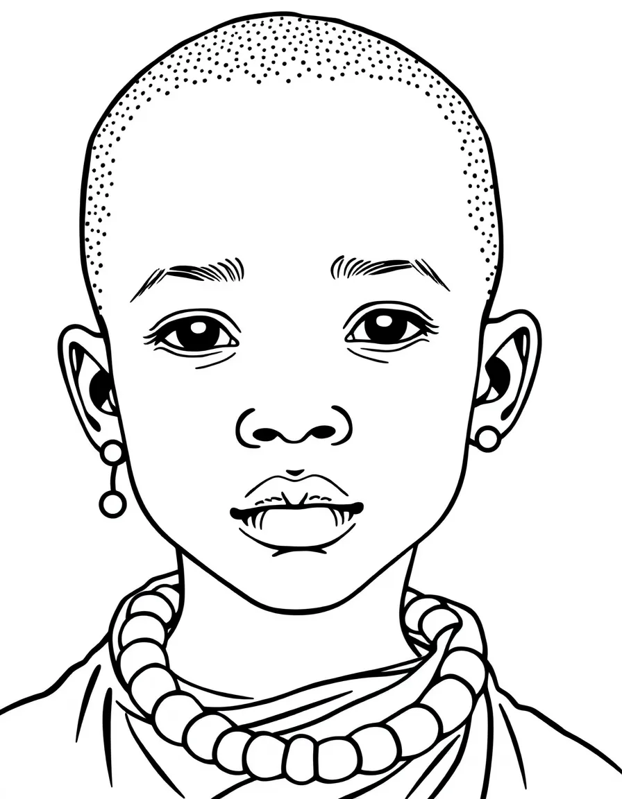 A Maasai boy with simple, small bead earrings, wearing a plain red shuka.
