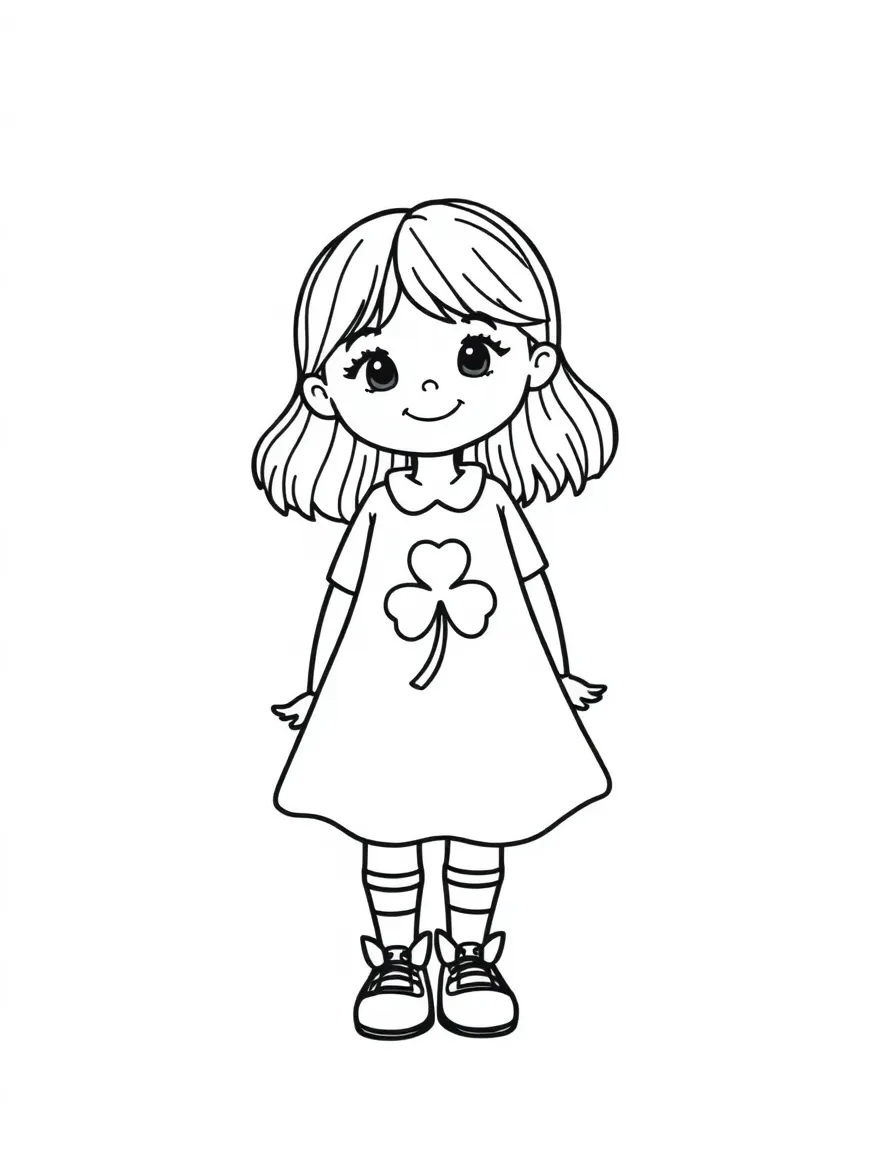 An Irish girl in a simple green dress with a shamrock print.