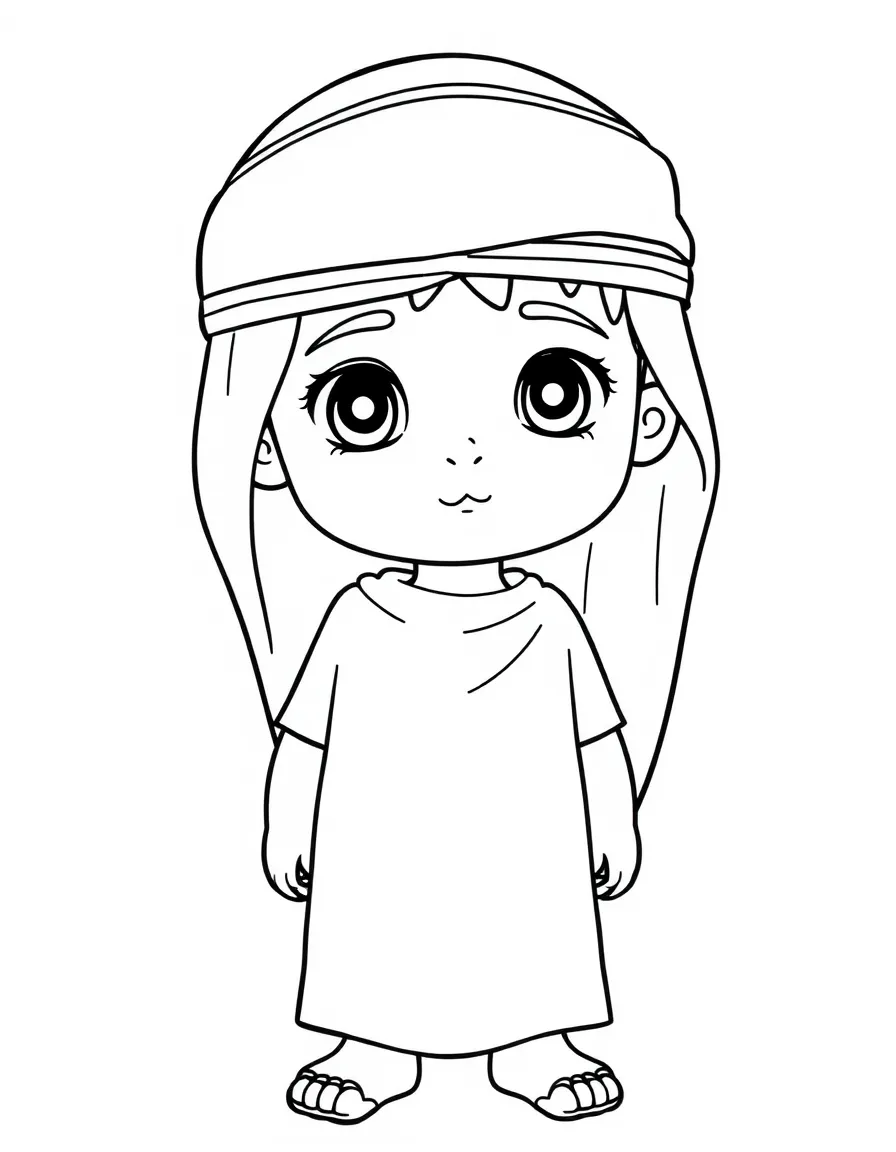 An Egyptian boy in a plain white galabeya, with a simple striped head covering.