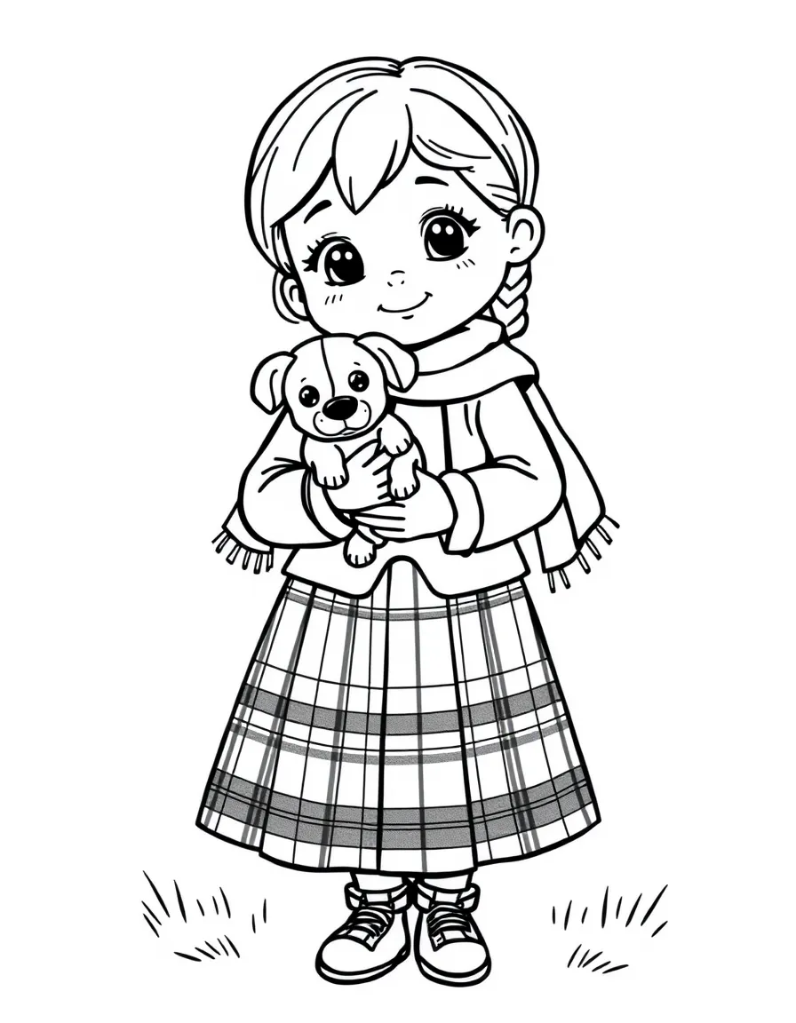 A Scottish girl in a simple tartan skirt, holding a small dog.