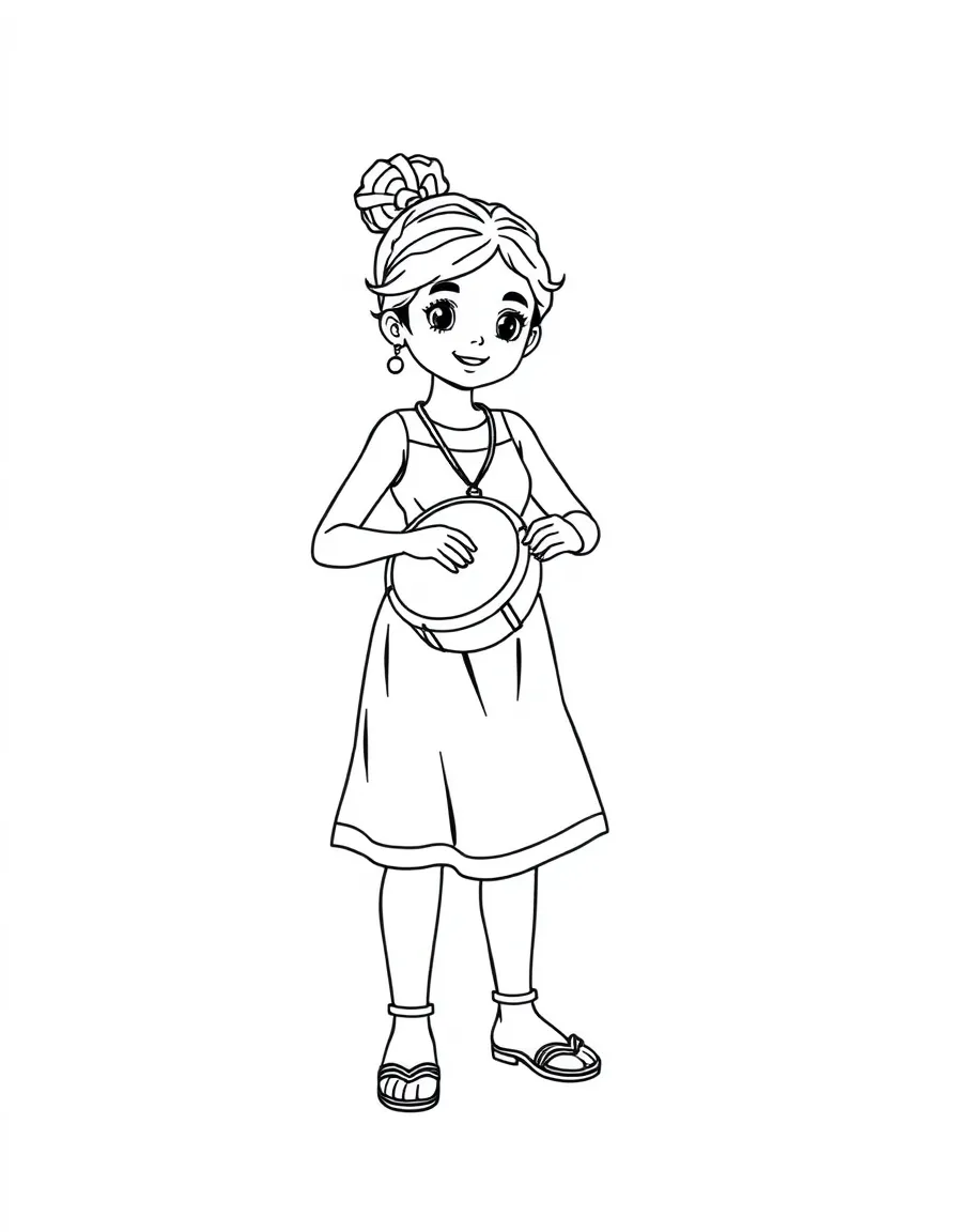 A Brazilian girl in a simple, brightly colored dress, with a small drum.