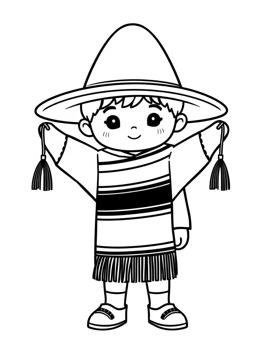 A Peruvian boy in a plain, striped poncho and a plain chullo hat.