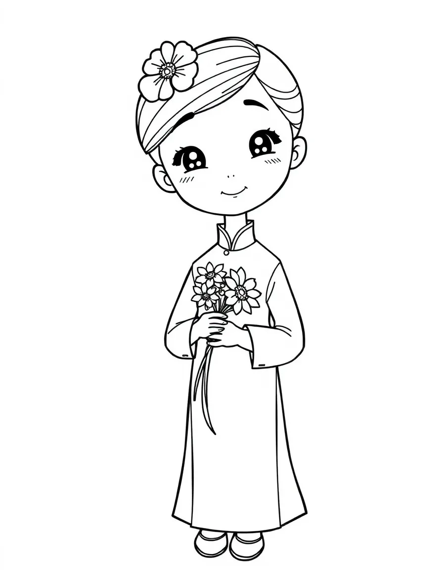 A Vietnamese girl in a plain ao dai, holding a small bouquet of flowers.