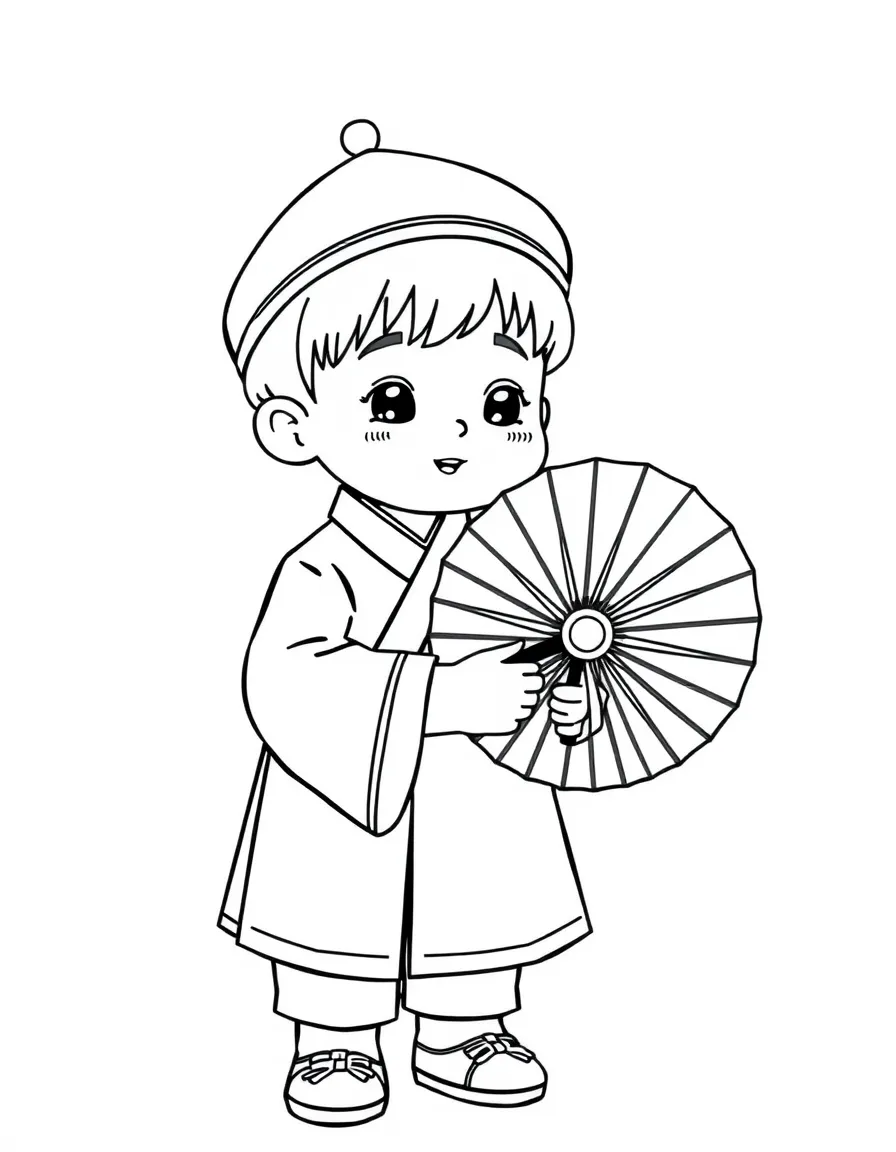 A Korean boy in a plain hanbok, holding a traditional fan.