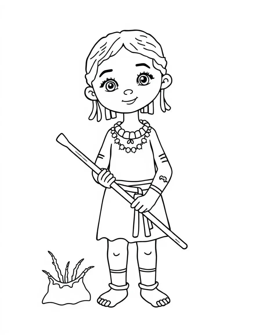 An Australian Aboriginal girl with simple lines on her arms, holding a digging stick.