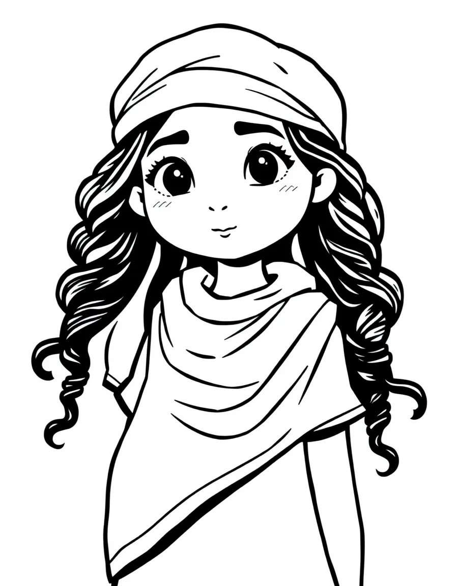 A Bedouin girl in a simple dark dress, with a light headscarf.