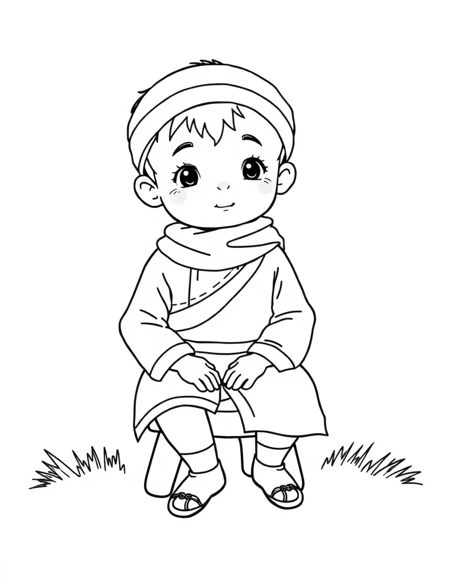 A Mongolian boy in a plain deel, sitting on a small stool.