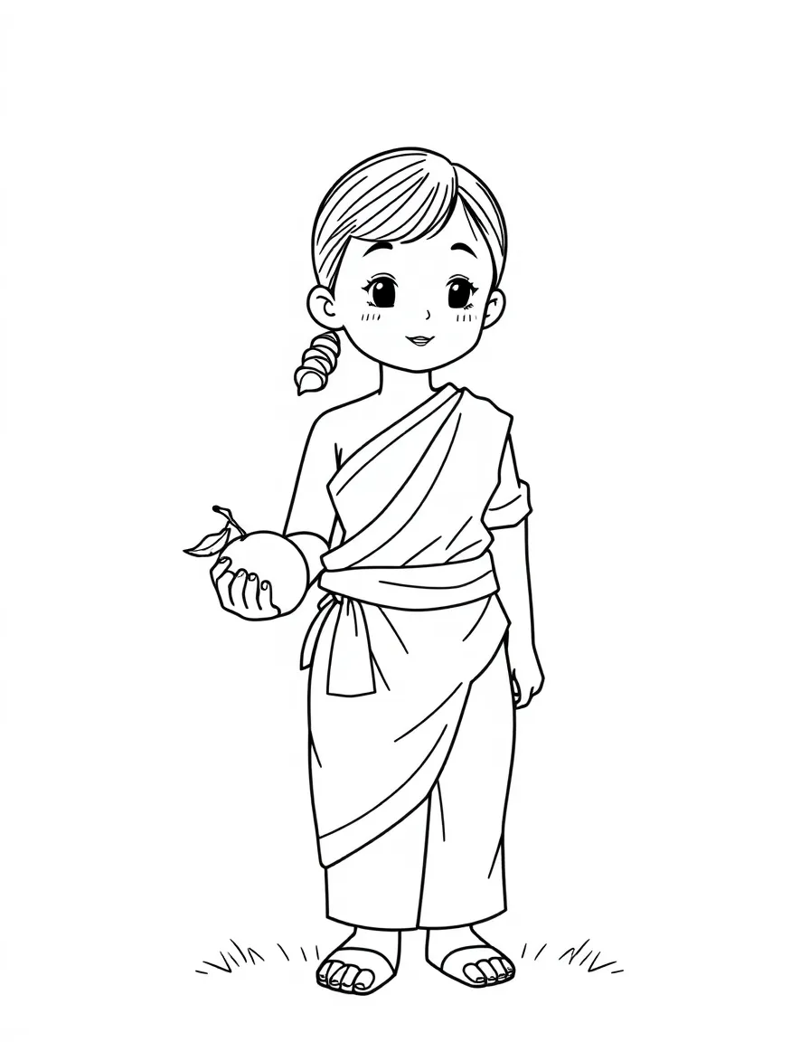 A Thai girl in a simple silk top and skirt, with a small piece of fruit.