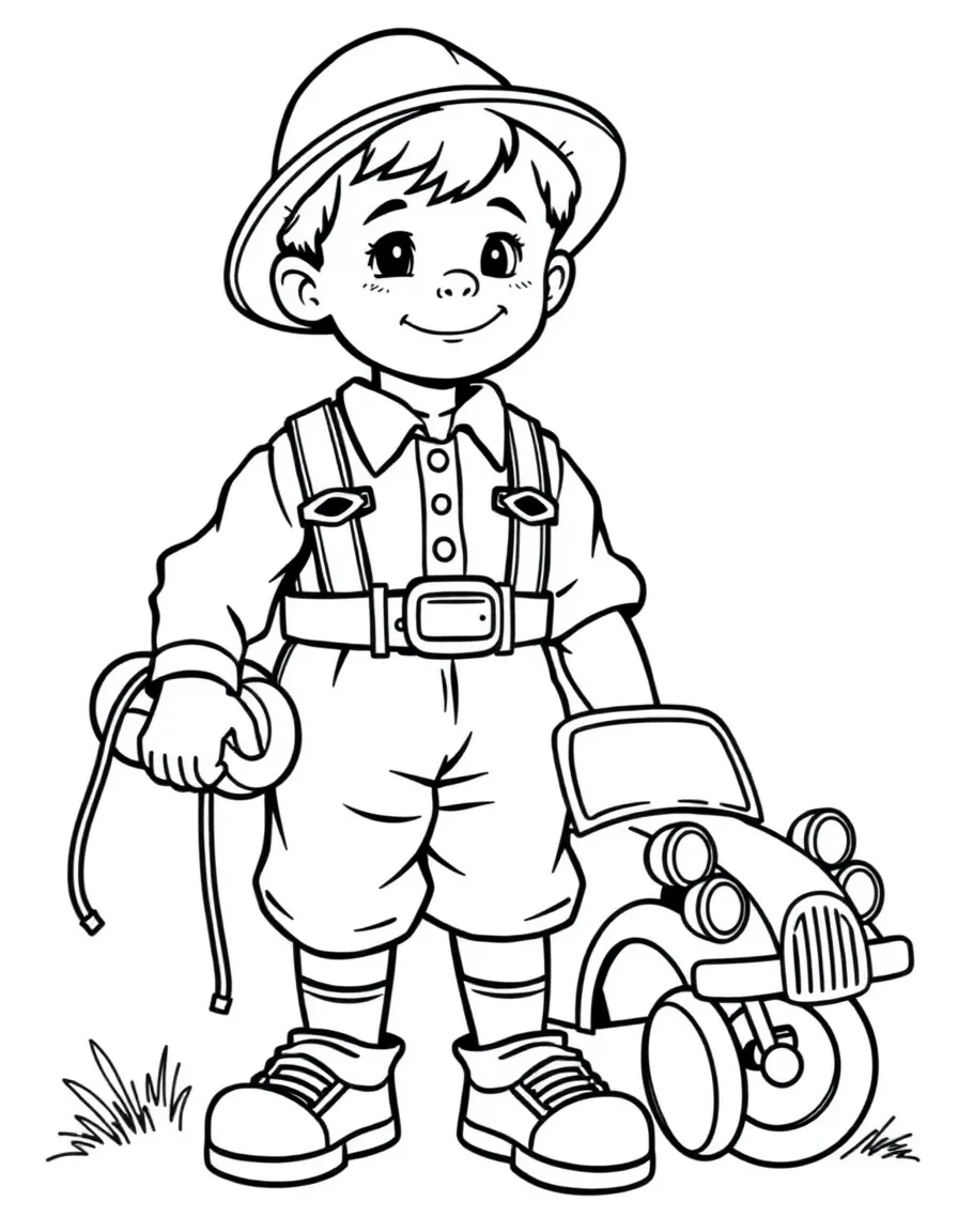 A German boy in plain lederhosen, holding a small toy car.