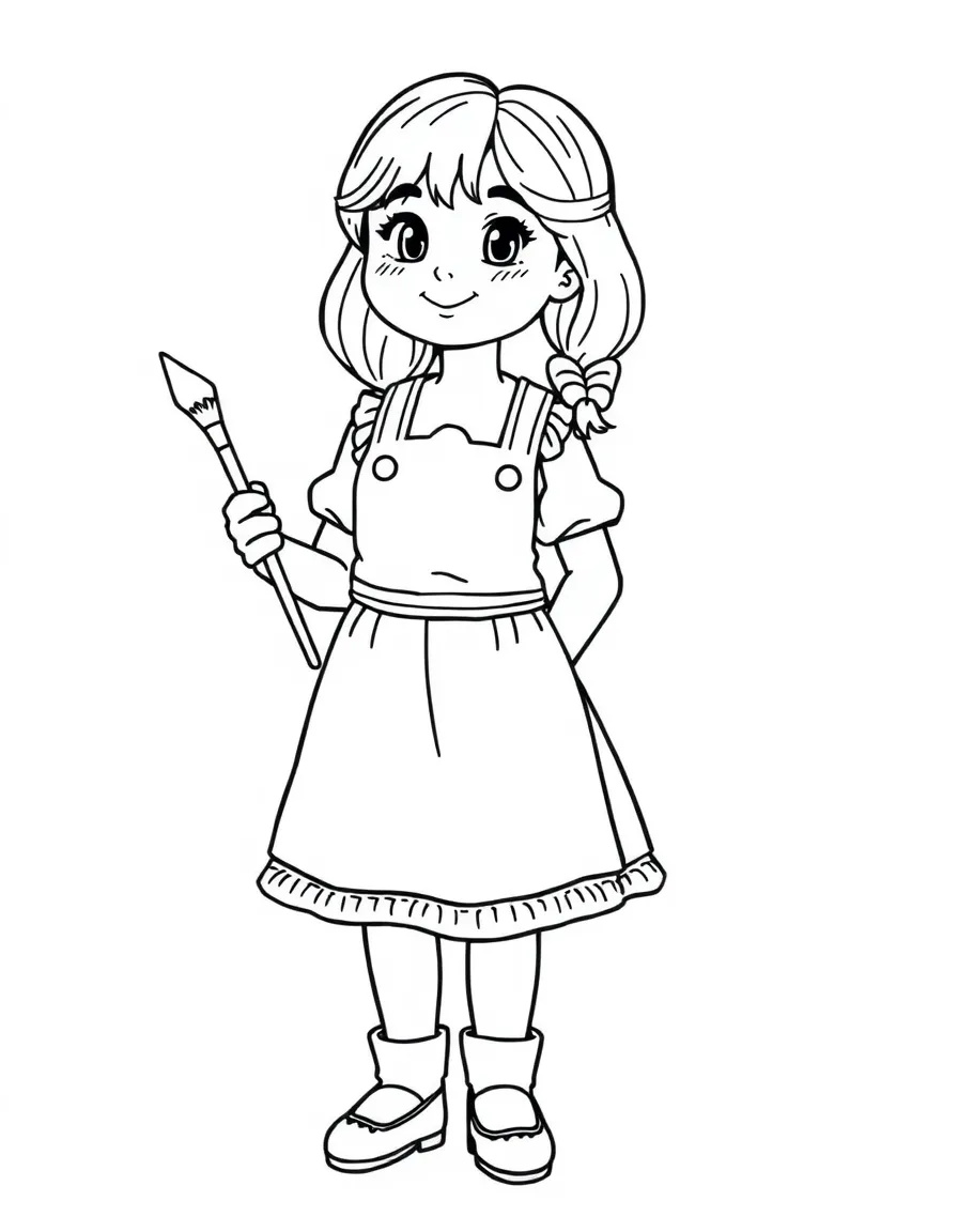 An Italian girl in a simple apron dress, holding a small paintbrush.