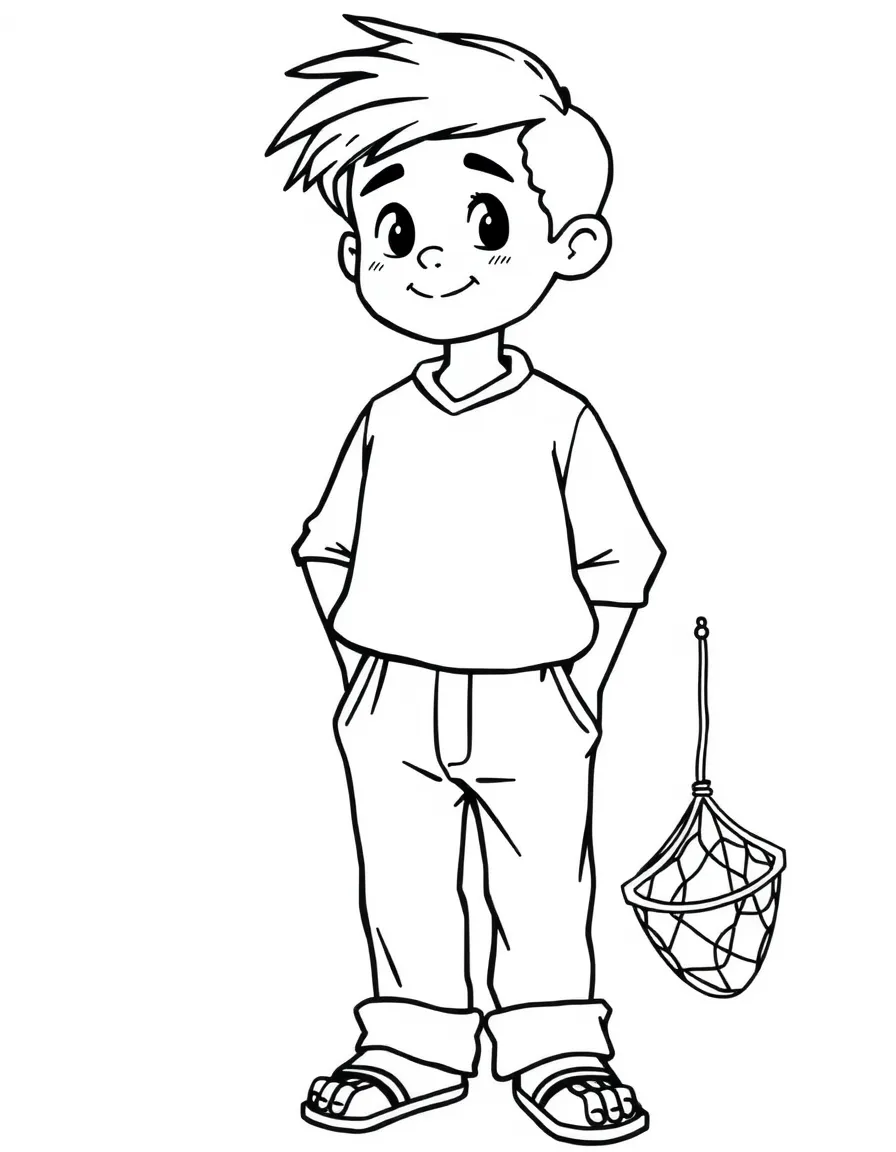 A Greek boy in a plain white shirt and trousers, with a small fishing net.