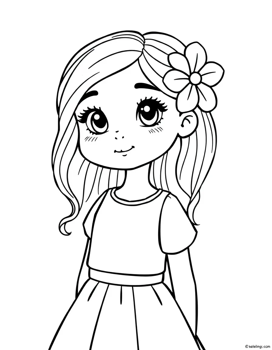 A Spanish girl in a simple red dress with a single flower in her hair.