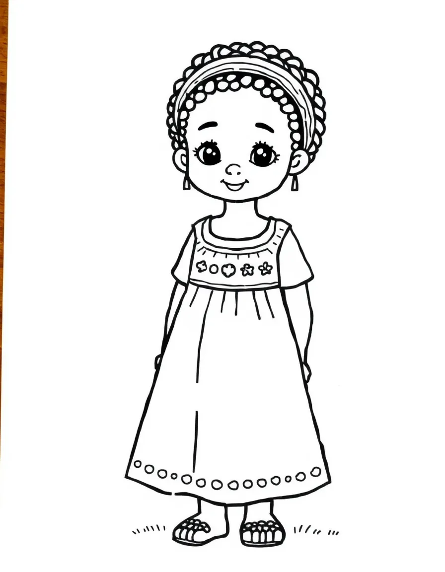 An Ethiopian girl in a simple white dress with a border pattern.