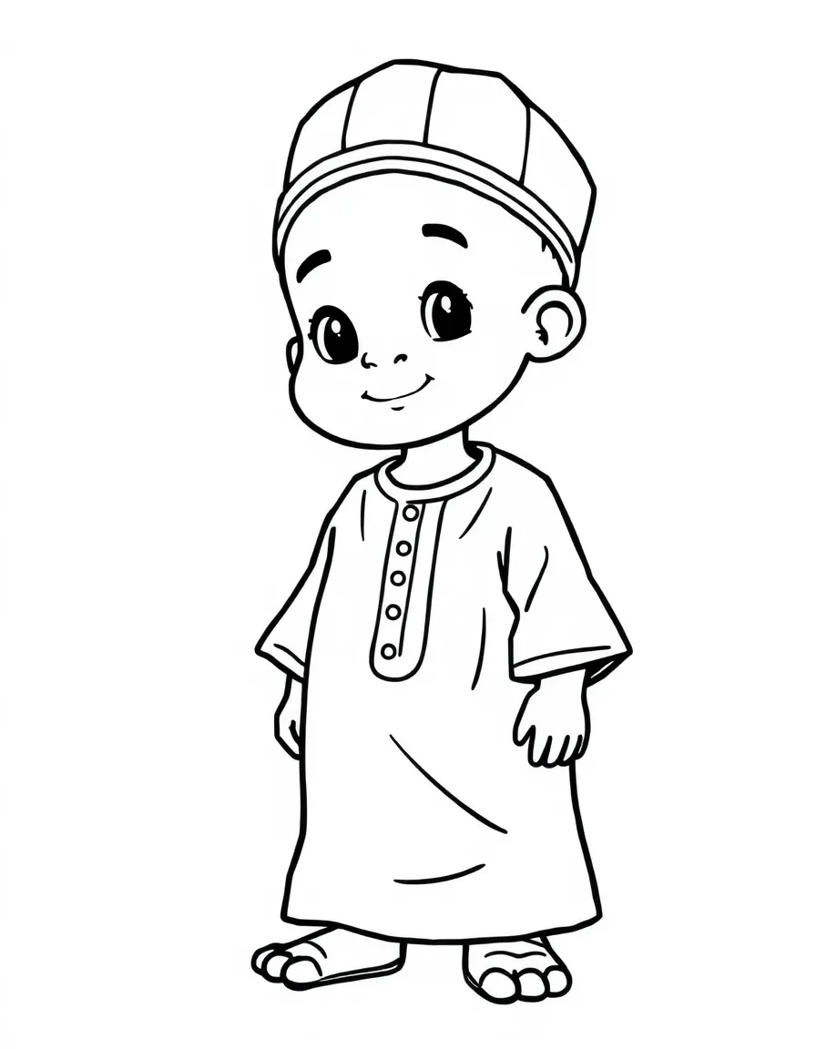 A Nigerian boy in a simple buba and sokoto, with a small cap.