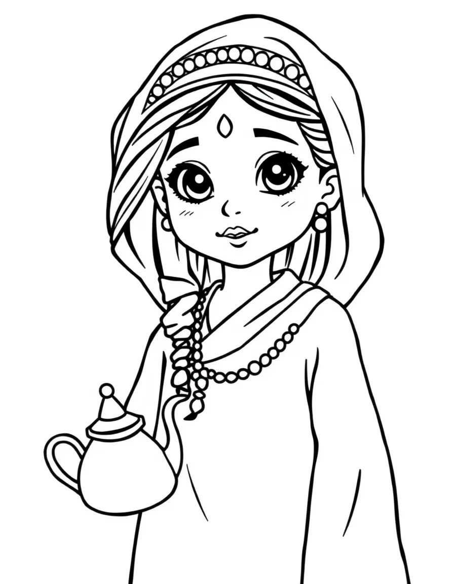 A Moroccan girl in a plain djellaba, with a small teapot.