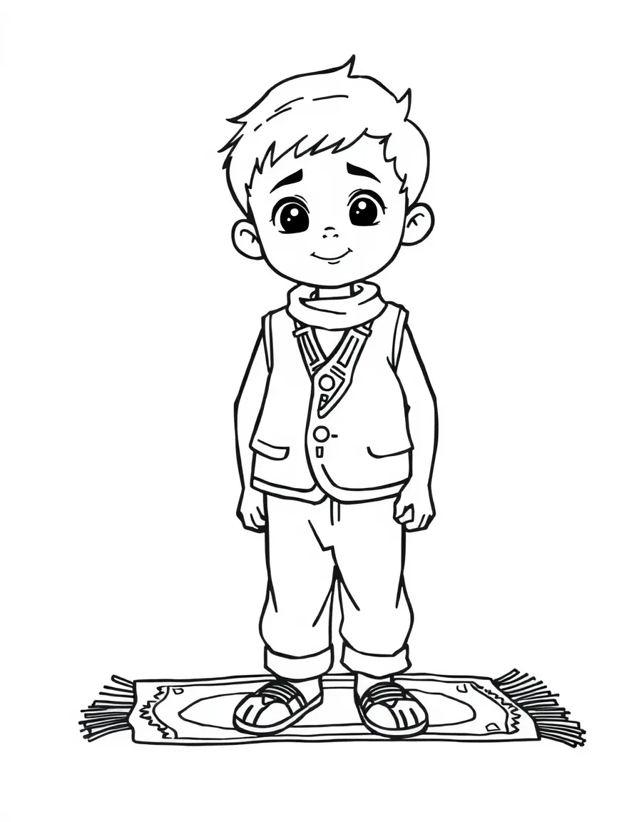 A Turkish boy in simple vest and pants, with a small carpet on the floor.