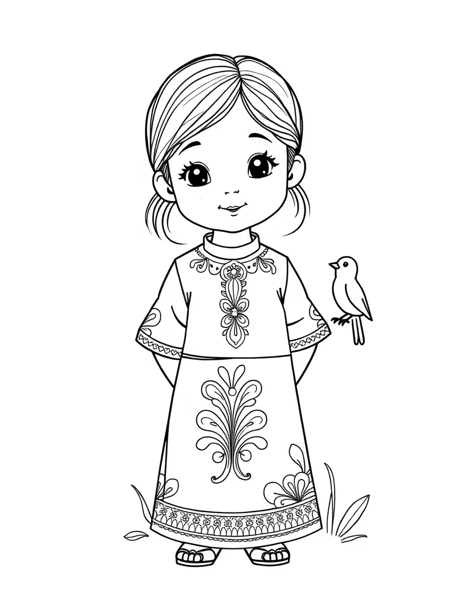 An Indonesian girl in a simple batik dress, with a small bird.