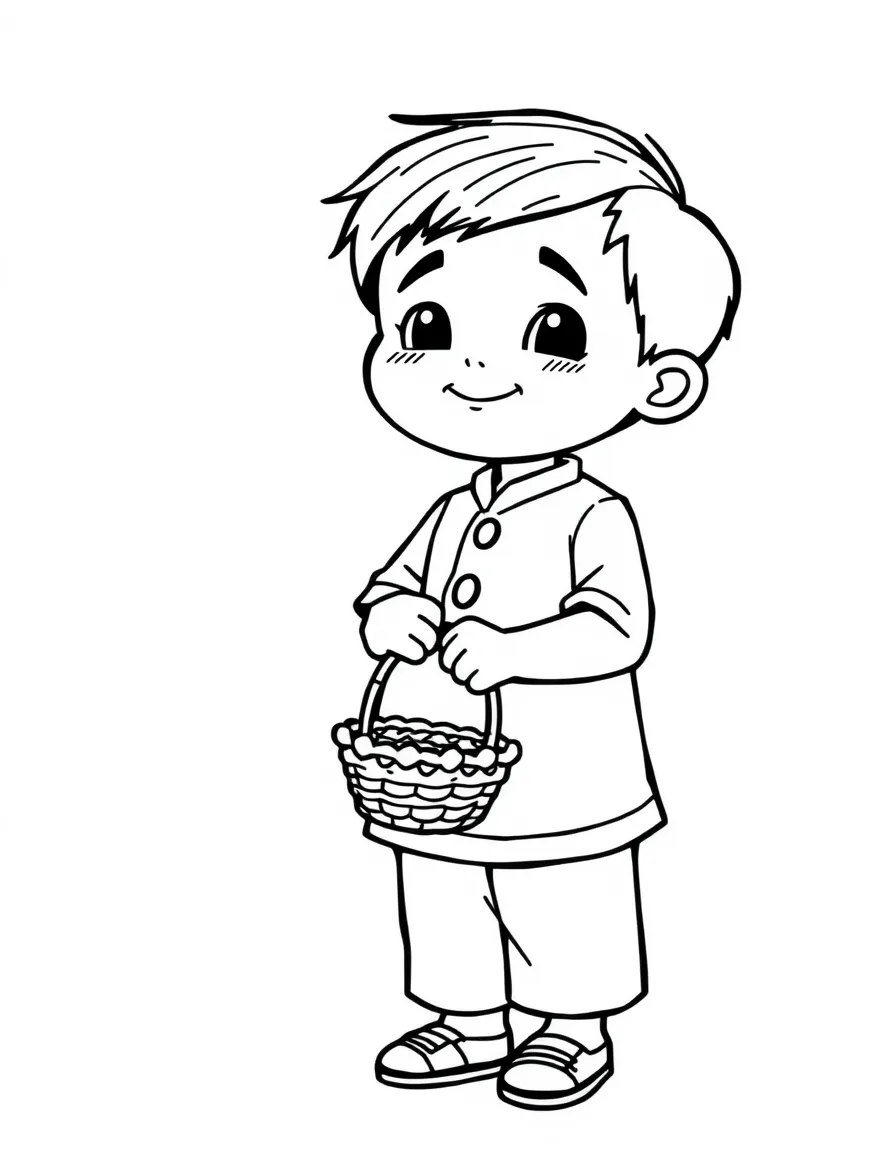 A Filipino boy in a plain barong Tagalog, holding a small basket.