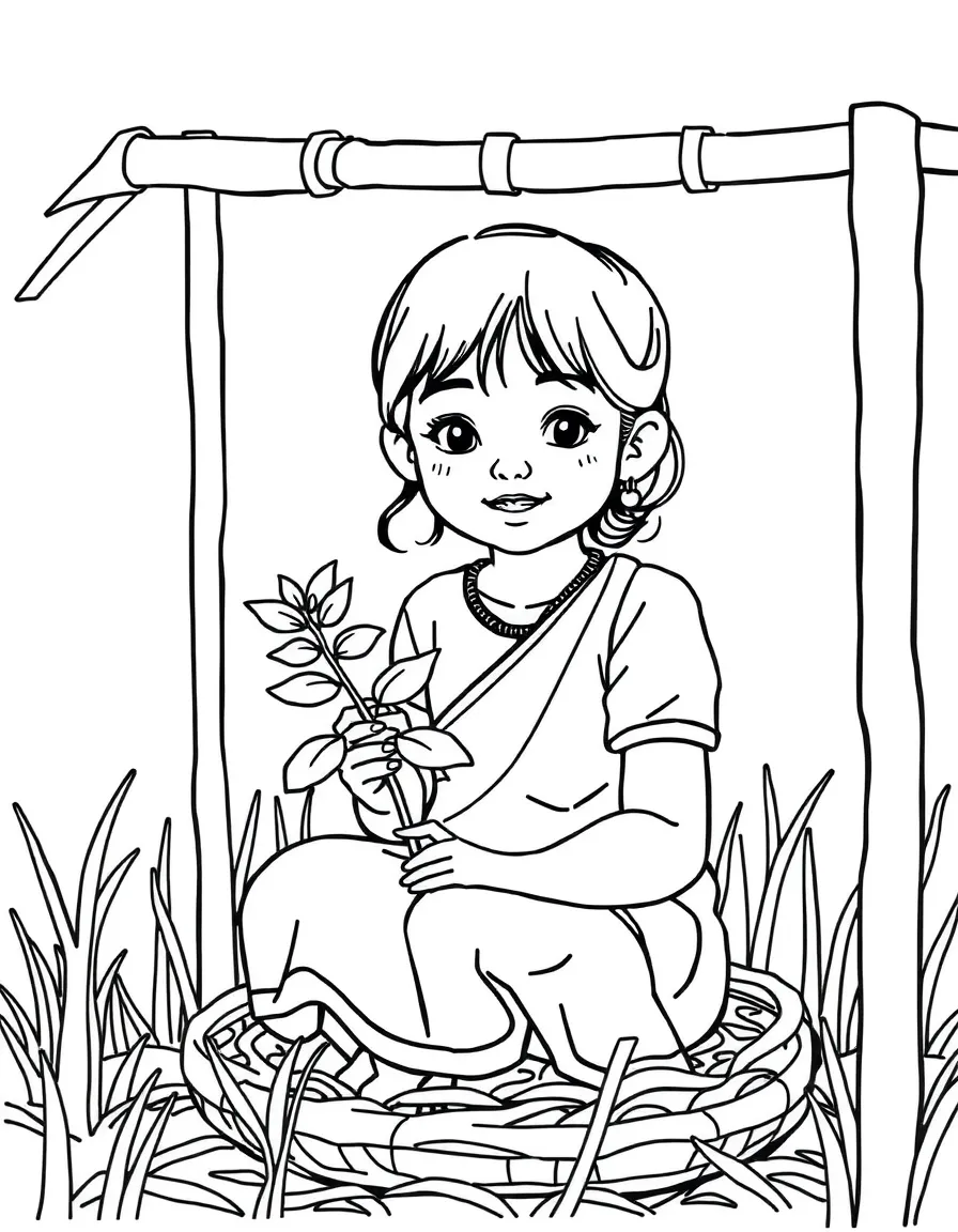 A Cambodian girl in a simple sampot, with a small plant.