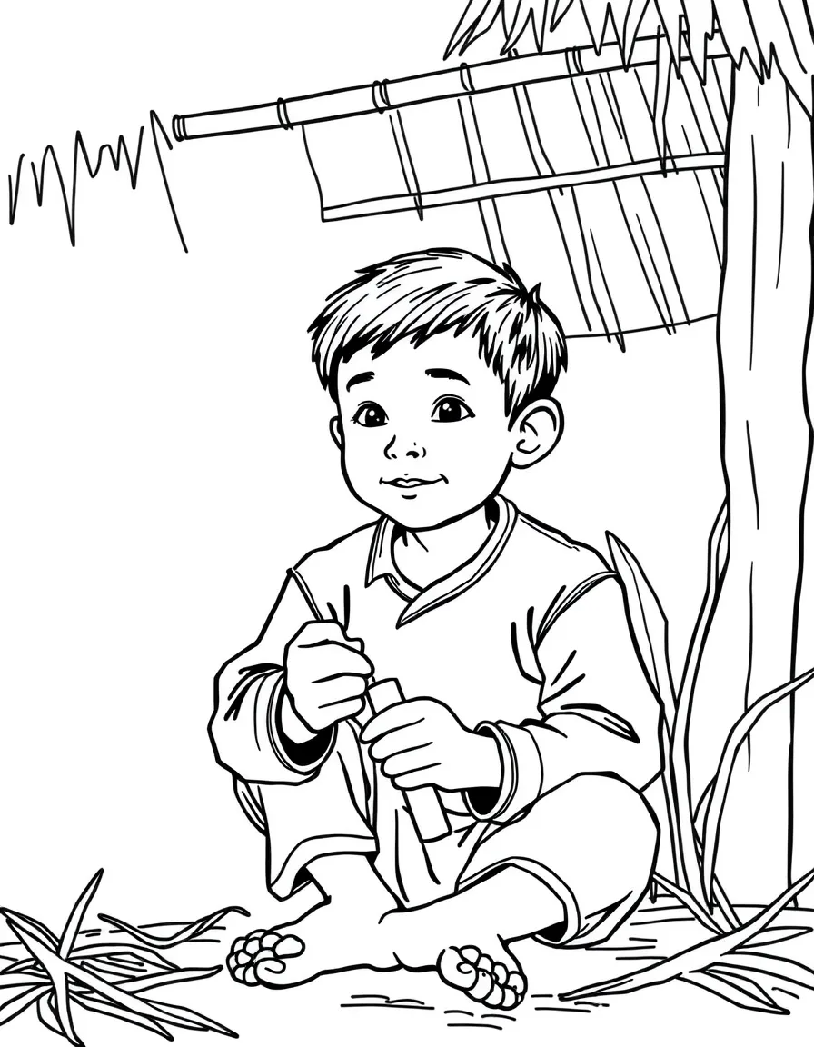 A Laotian boy in a simple sinh, with a small wooden toy.