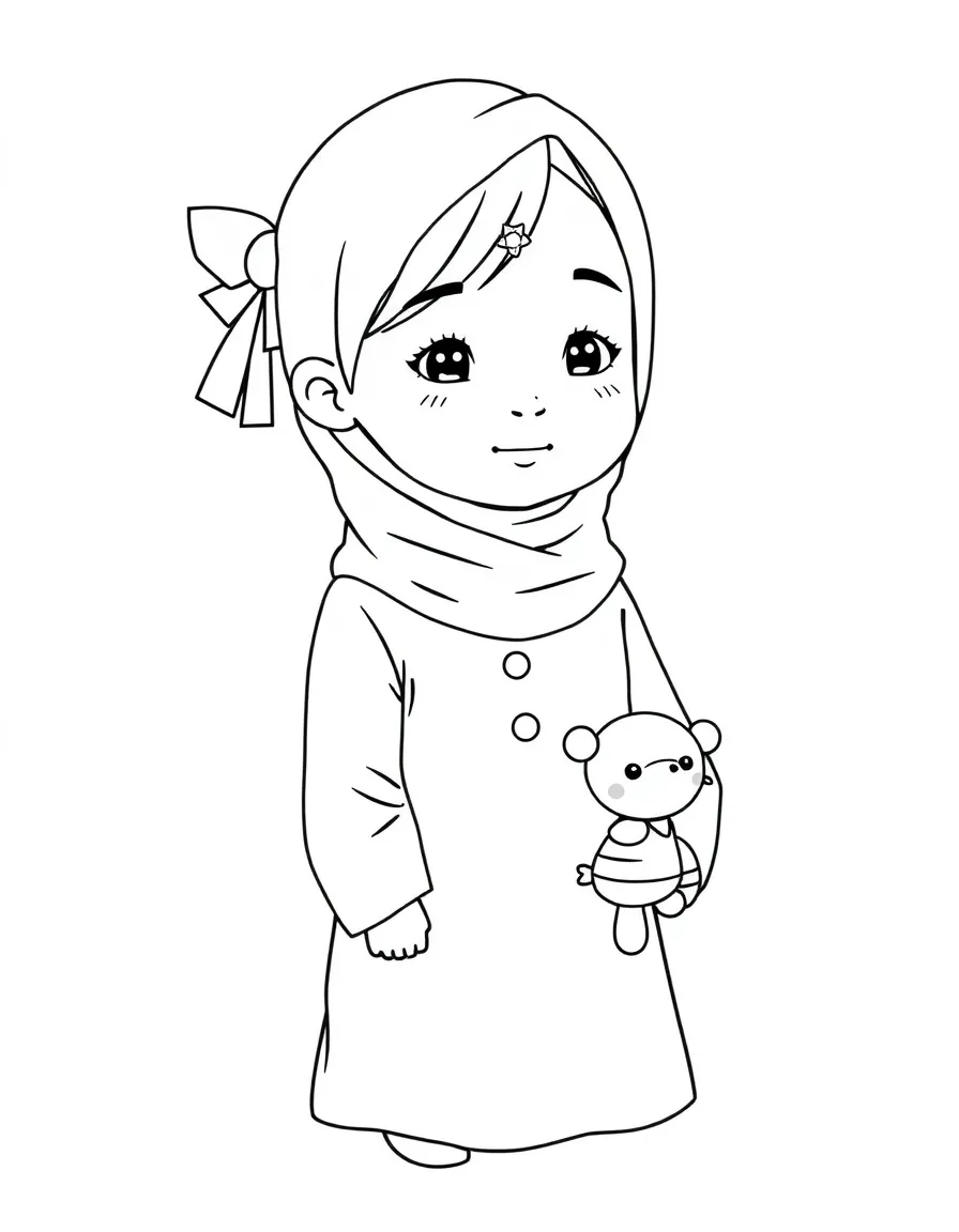 A Malaysian girl in a plain baju kurung, with a small toy animal.