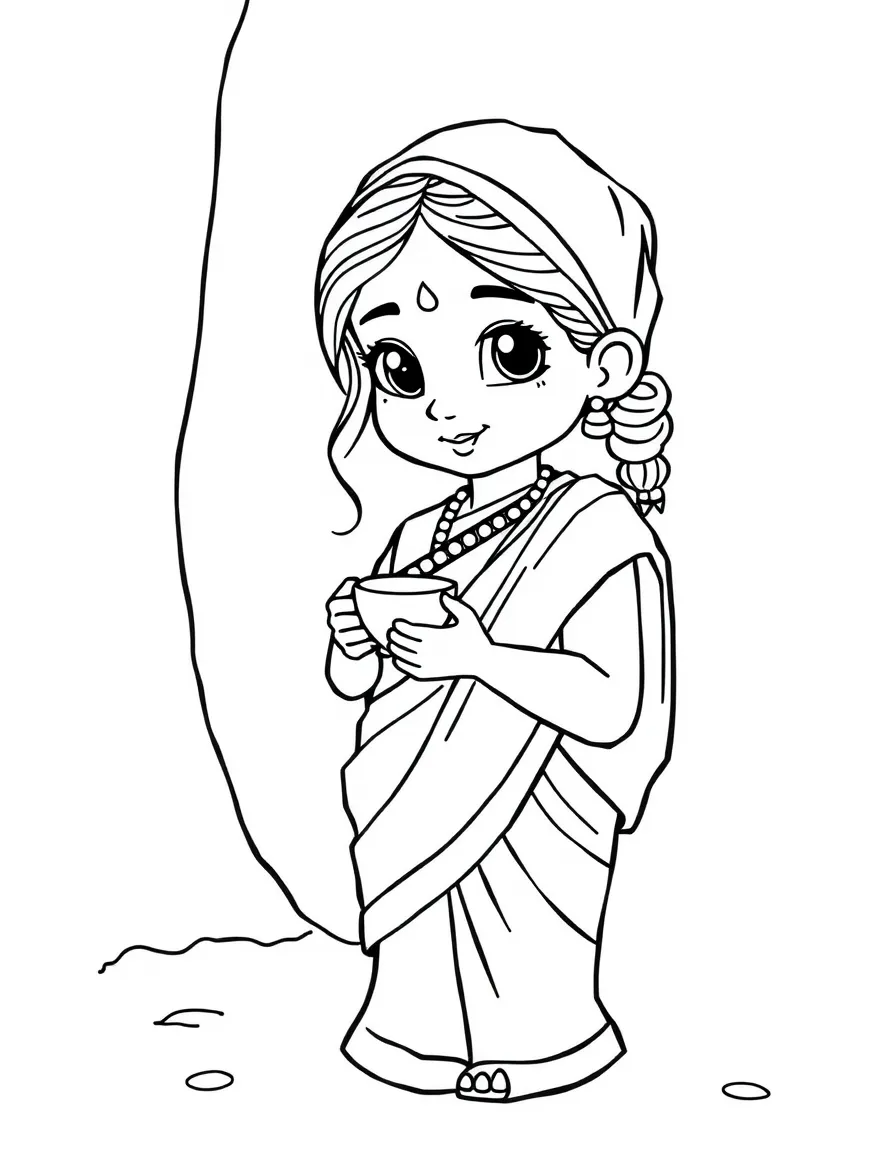 A Sri Lankan girl in a simple sari, with a small tea cup.