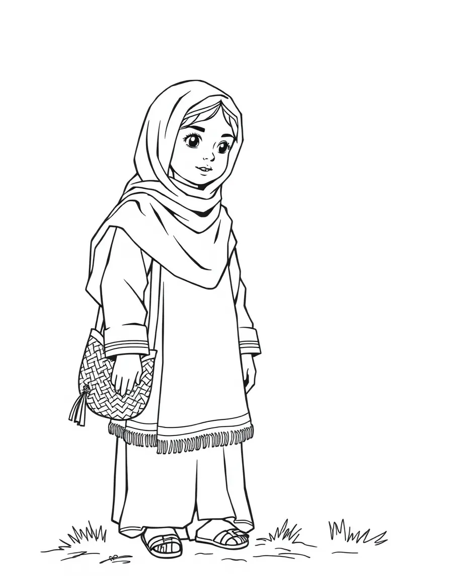 An Afghan girl in a plain perahan tunban, with a small woven bag.