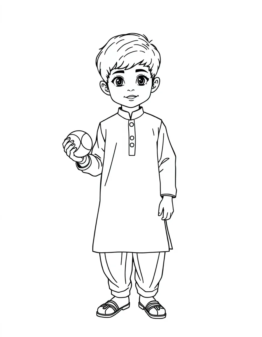 A Pakistani boy in a plain shalwar kameez, with a small ball.