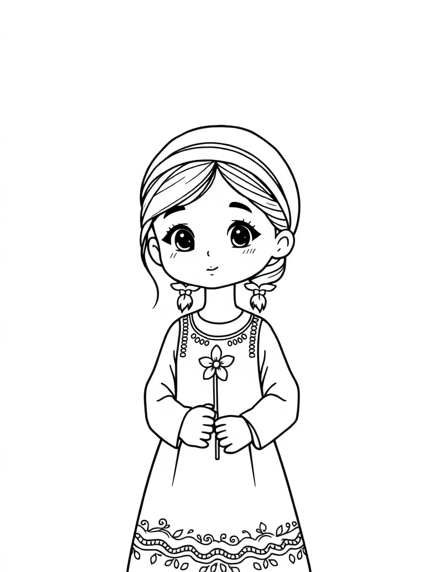 An Iranian girl in a simple traditional dress, with a small flower.