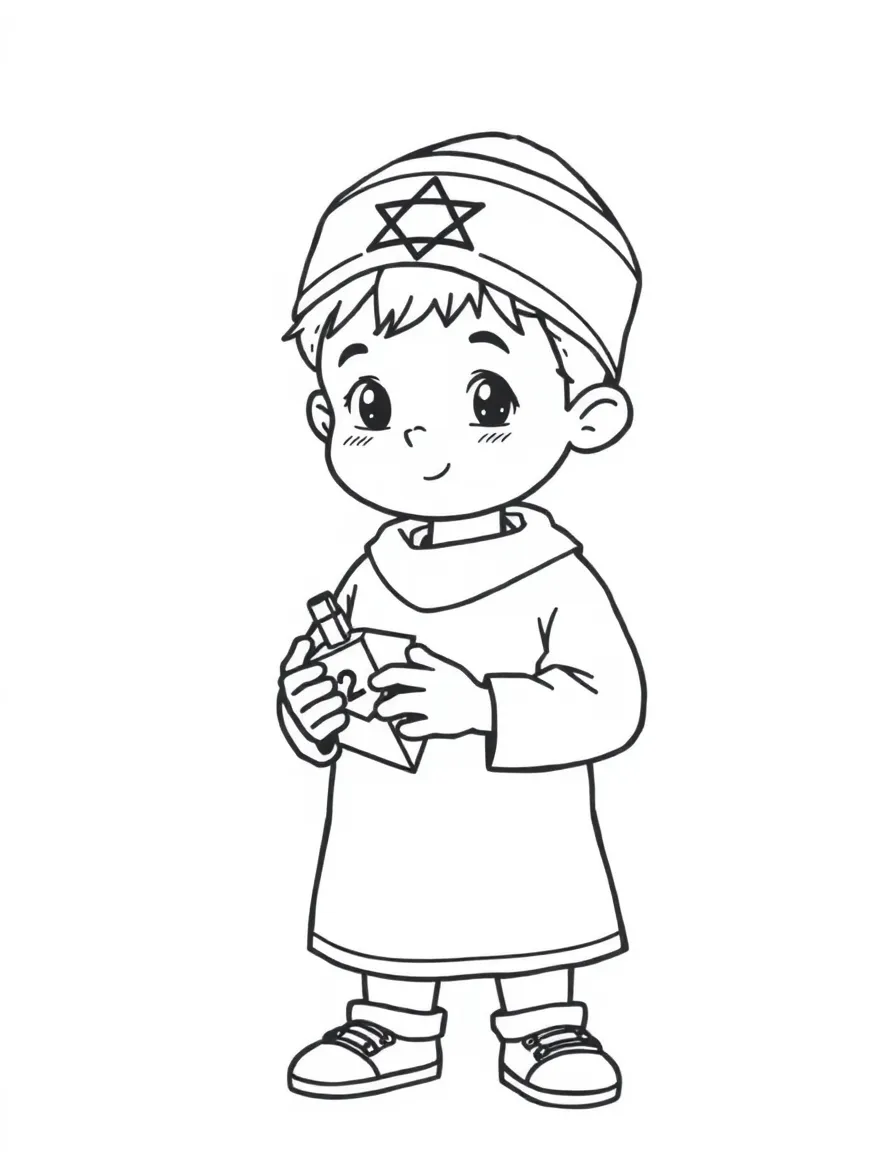 An Israeli boy in a plain kipa, with a small dreidel.