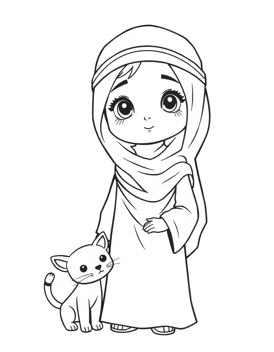 A Palestinian girl in a plain thobe, with a small toy cat.